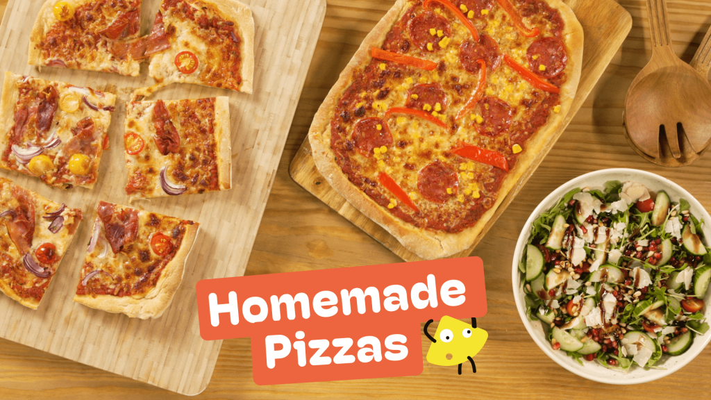 Homemade pizzas served with a rocket and parmesan salad